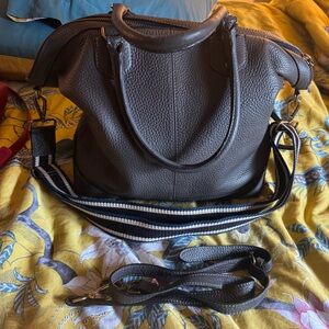 Madewell Dark Brown Textured Leather Shoulder Bag with Striped Strap